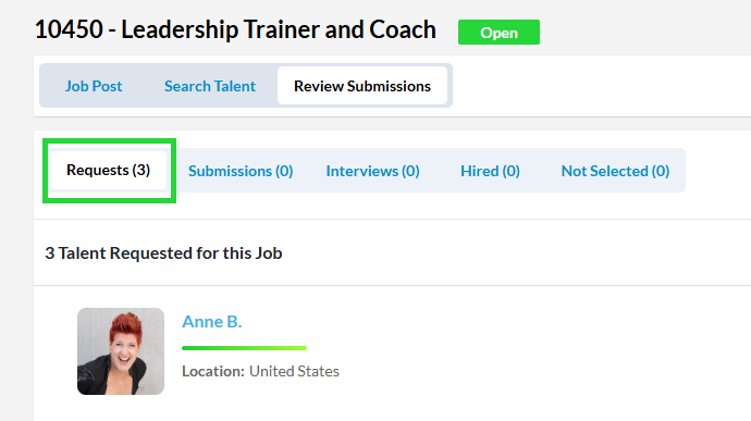 Requests view for a job of potential candidates