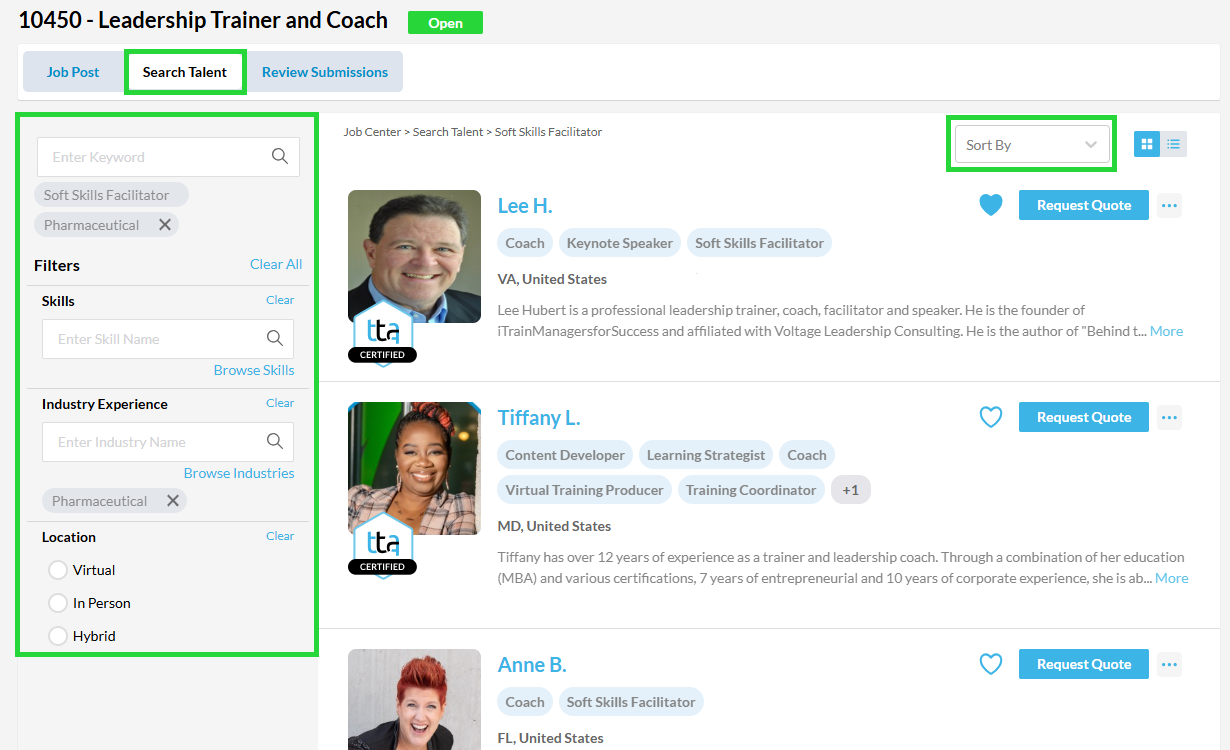 Talent search tab for clients 