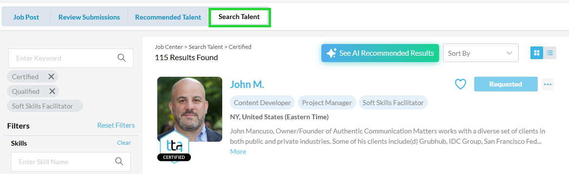 Search Talent page for Clients