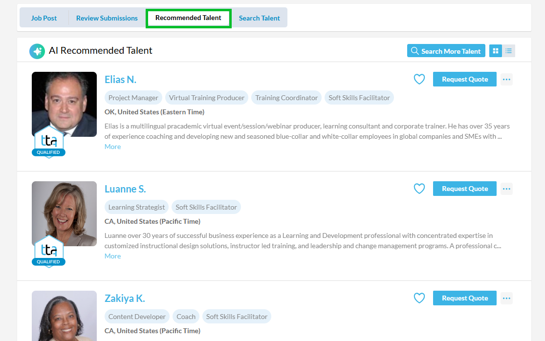 Recommended Talent Page for Clients 